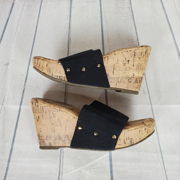 Esprit Platform Wedge Slides Cork Sole Size 38/39 Black Stretch Band - Picture 5 of 15